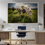 Grazing Cattle Herd Wall Art Canvas Print, Framed Green Pasture Farm Scene