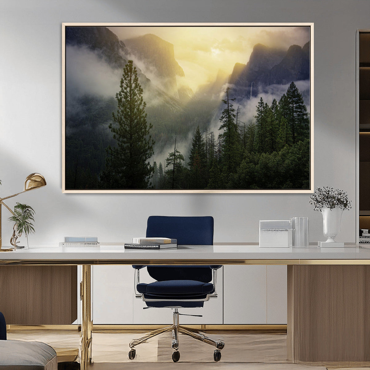 Misty Forest Sunrise Wall Art Canvas Print, Framed Mountain Valley Pine Trees