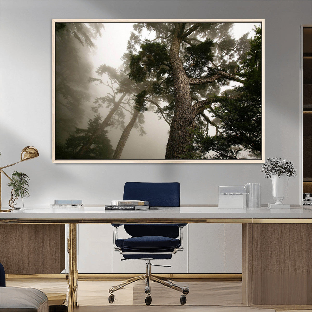 Misty Forest Wall Art Canvas Print, Framed Tall Trees in Foggy Atmosphere