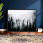 Foggy Forest Wall Art Canvas Print, Mountain Woodland Landscape, Minimal Nature Decor