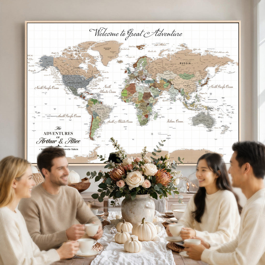 Custom Beige Push Pin World Map Wall Art, Bucket List Map, Study and Hallway Decor