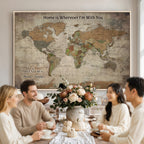Personalized Beige Geometric World Map Canvas with Push Pins, Next Trip Planner Map, Study and Entryway Decor