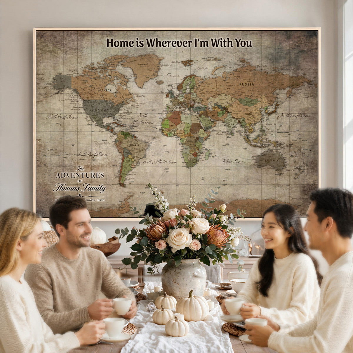 Personalized Beige Geometric World Map Canvas with Push Pins, Next Trip Planner Map, Study and Entryway Decor