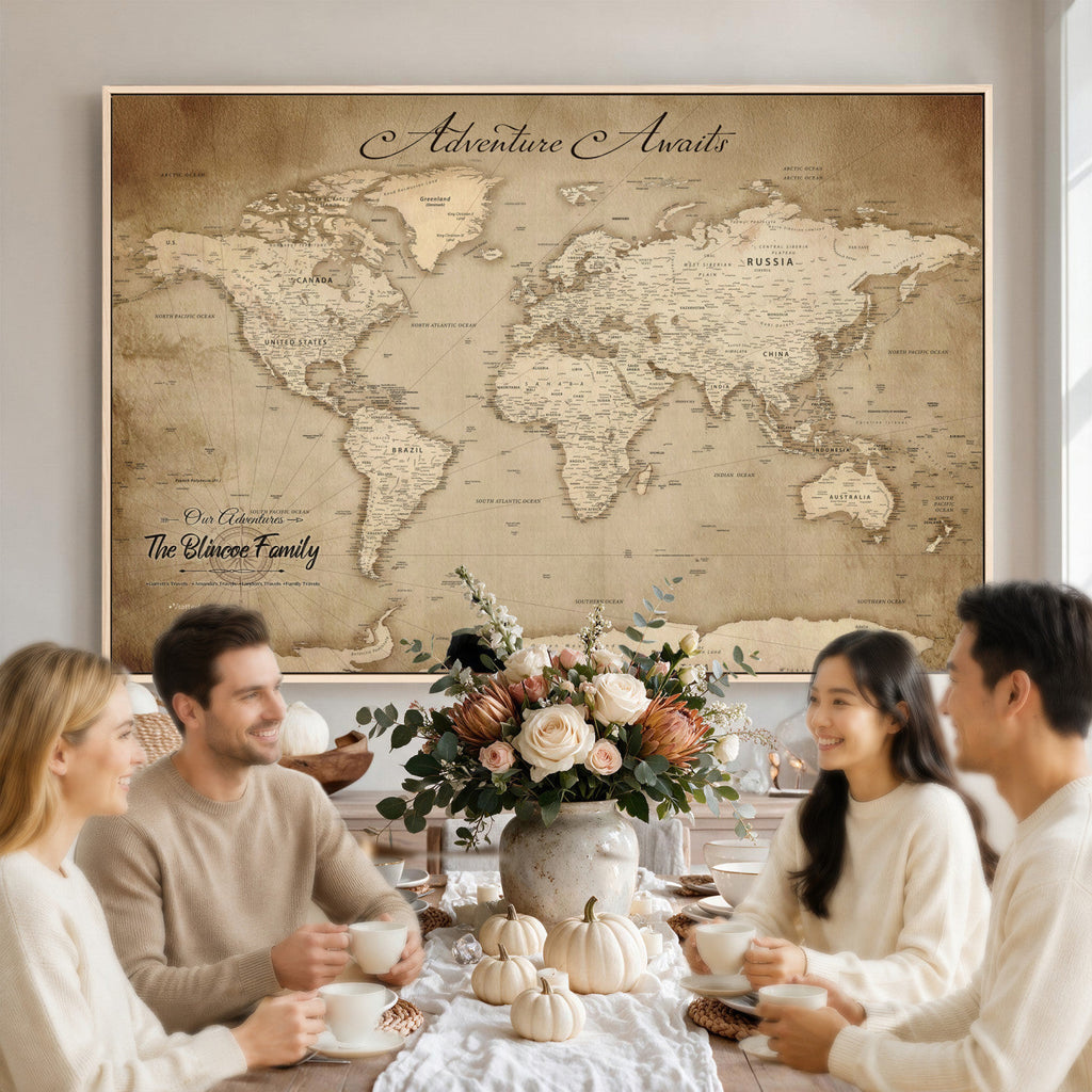 Personalized Black Modern Push Pin World Map Wall Art, Places Visited Tracker, Family Room and Bedroom Decor
