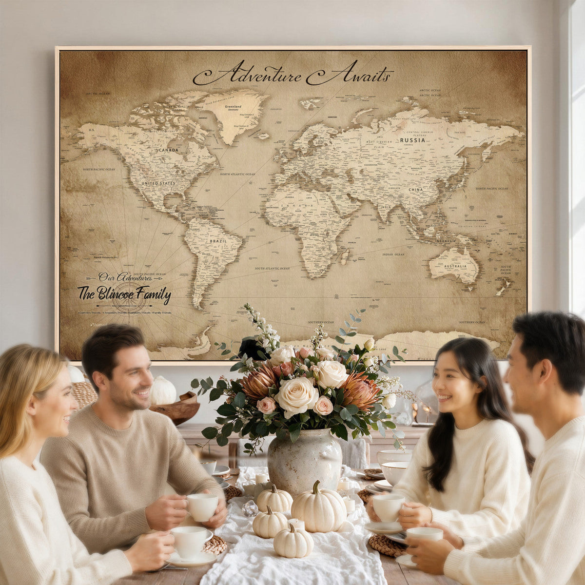 Personalized Black Modern Push Pin World Map Wall Art, Places Visited Tracker, Family Room and Bedroom Decor