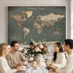 Personalized Framed Beige Modern World Map Canvas with Push Pins, Bucket List Map, Family Room and Dining Room Decor