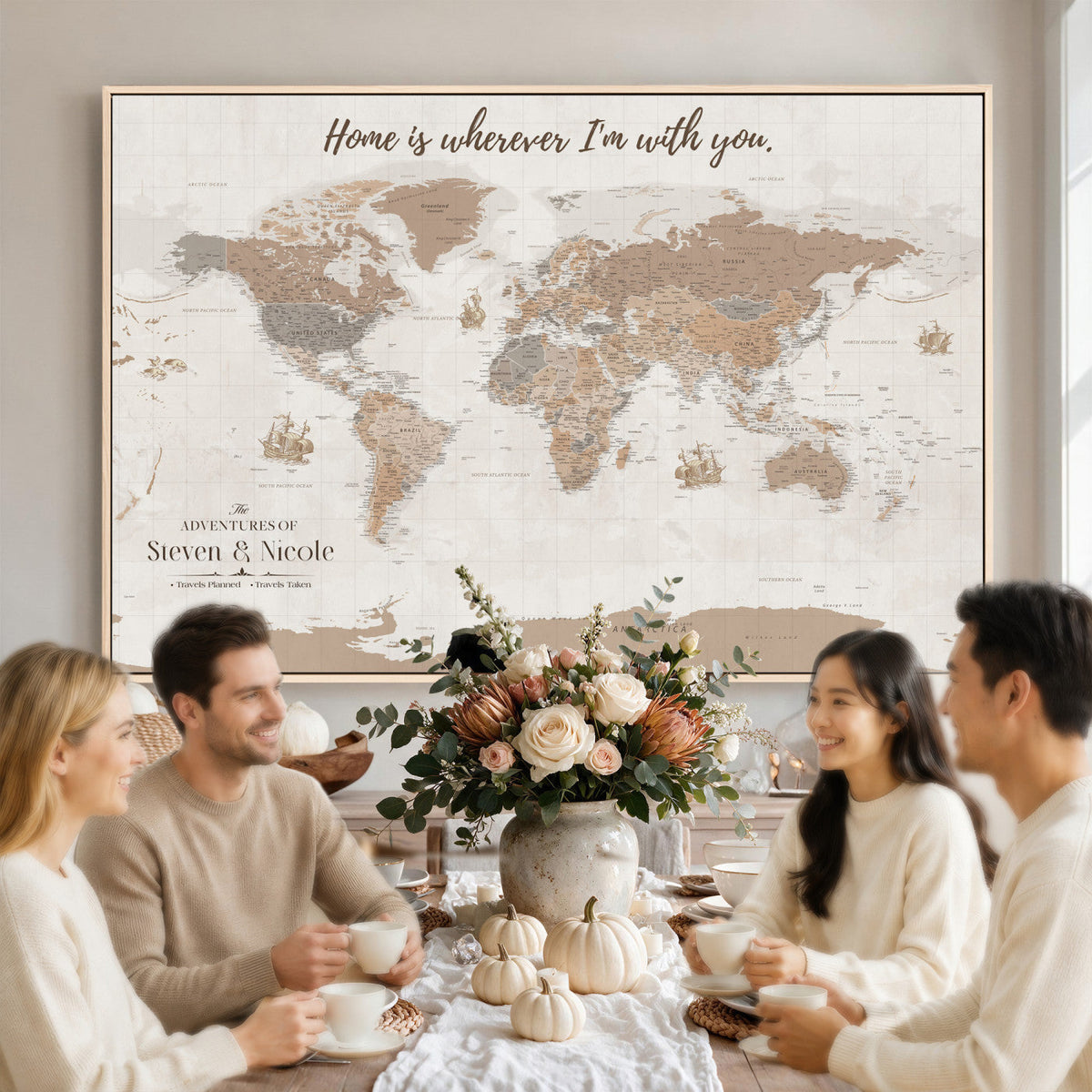 Personalized Beige Geometric Push Pin World Map Canvas Print, Countries Visited Map, Study and Home Office Decor