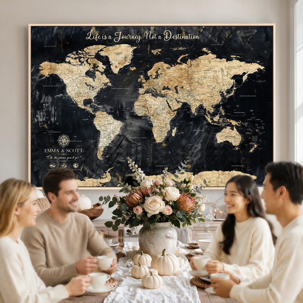 Custom Black Modern Push Pin World Map Wall Art, Next Trip Planner Map, Home Office and Entryway Decor