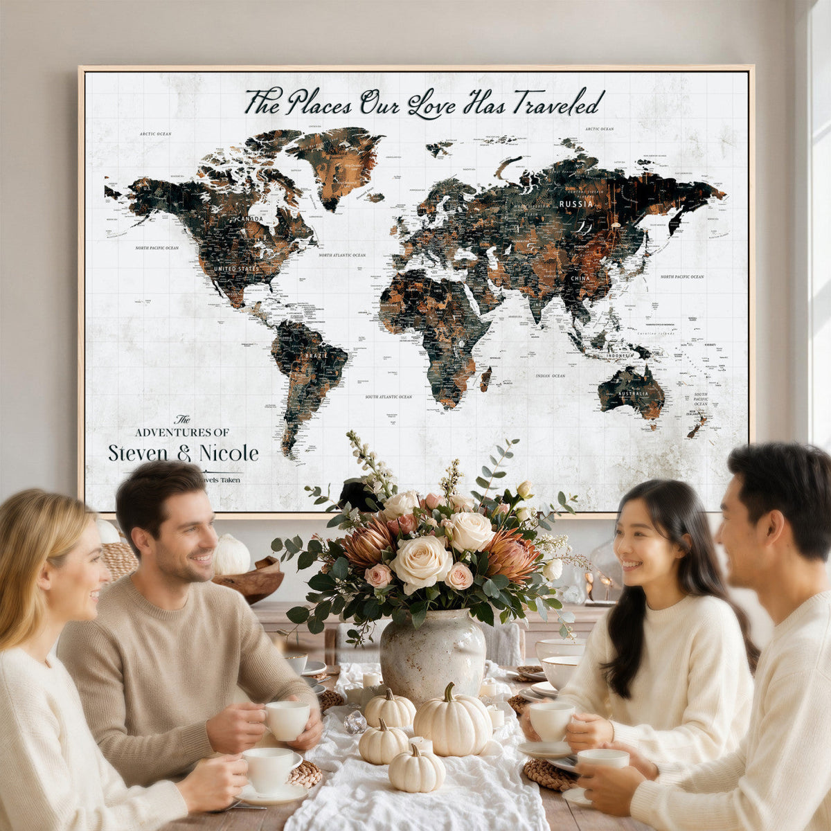 Custom Navy Geometric Push Pin World Map Canvas Print, Bucket List Map, Living Room and Home Office Decor