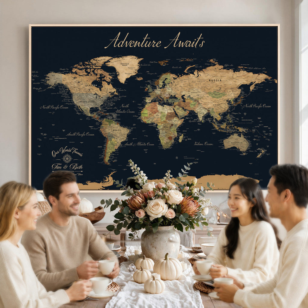 Personalized Navy Geometric World Map Canvas with Push Pins, Honeymoon and Anniversary Gift, Home Office and Hallway Decor