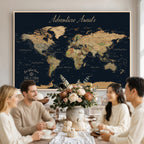 Personalized Navy Geometric World Map Canvas with Push Pins, Honeymoon and Anniversary Gift, Home Office and Hallway Decor