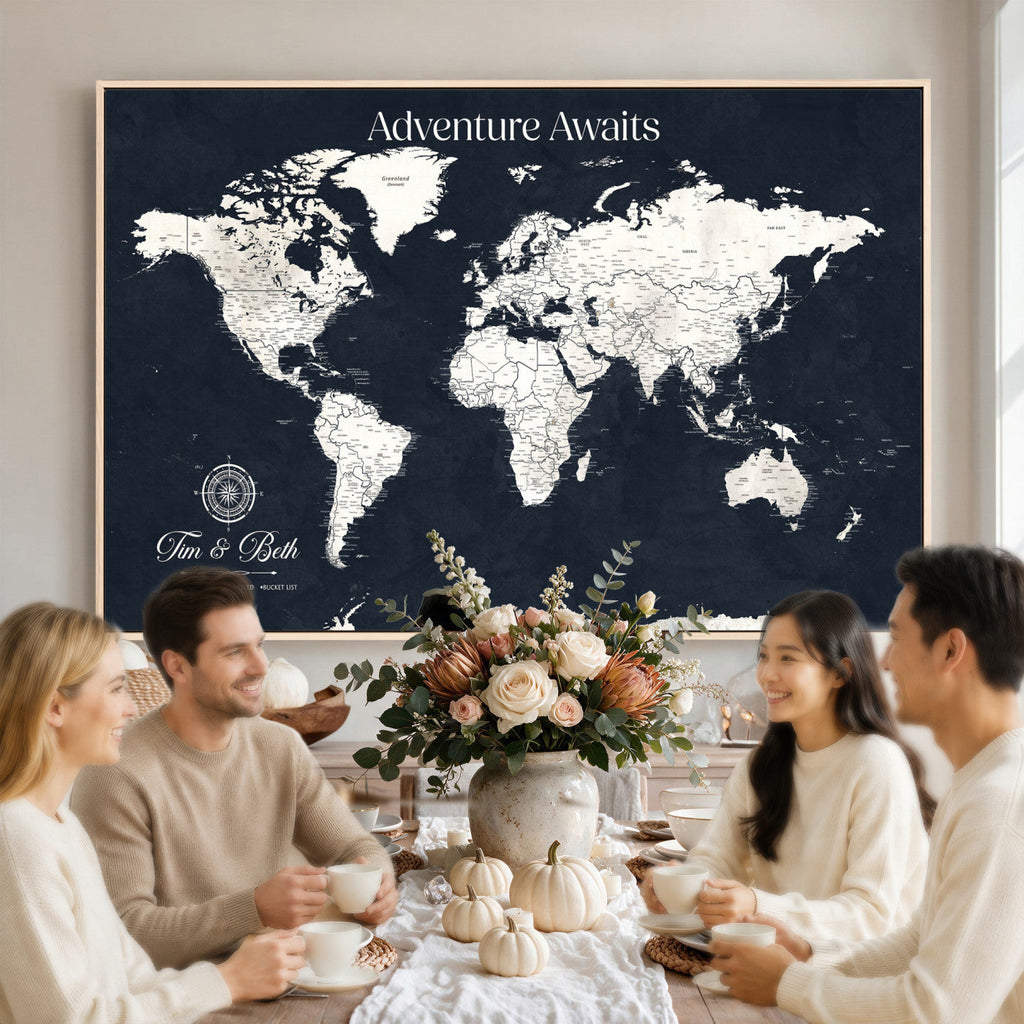 Custom World Map Wall Art Canvas Print | Personalized Push Pin Travel Tracker