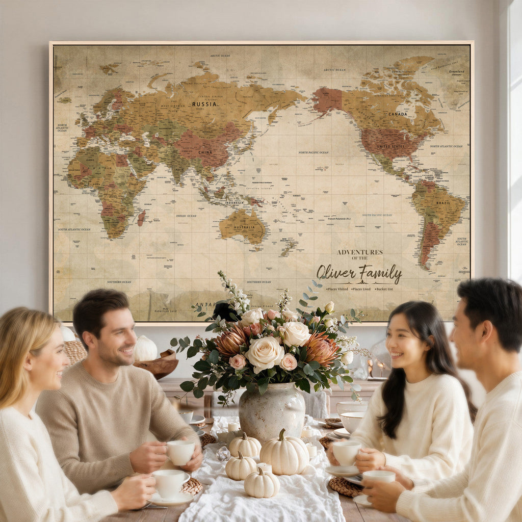 Personalized Framed Navy Modern World Map Canvas with Push Pins, Bucket List Map, Living Room and Entryway Decor