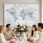 Personalized Beige Antique Push Pin World Map Canvas Print, Family Travel Tracker, Family Room and Entryway Decor