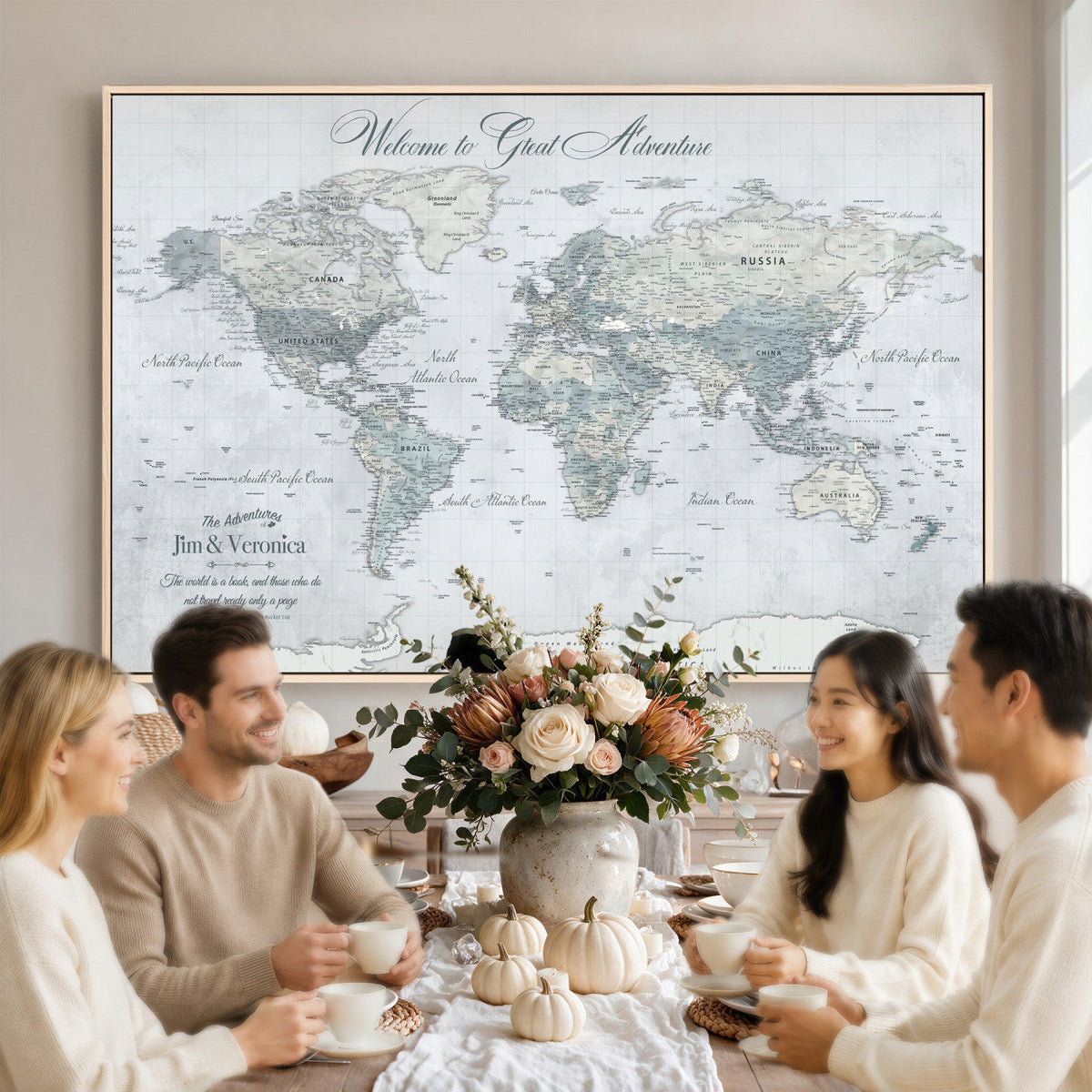 Personalized Beige Antique Push Pin World Map Canvas Print, Family Travel Tracker, Family Room and Entryway Decor