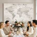 Personalized Beige World Map Canvas with Push Pins, Places Visited Tracker, Family Room and Entryway Decor