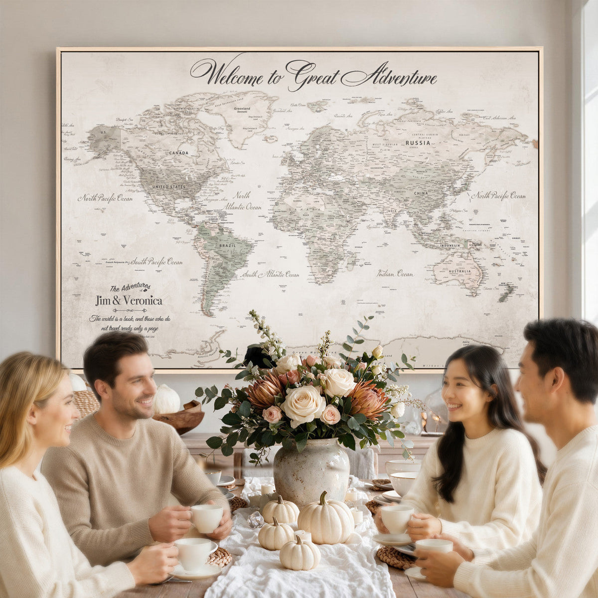 Personalized Beige World Map Canvas with Push Pins, Places Visited Tracker, Family Room and Entryway Decor