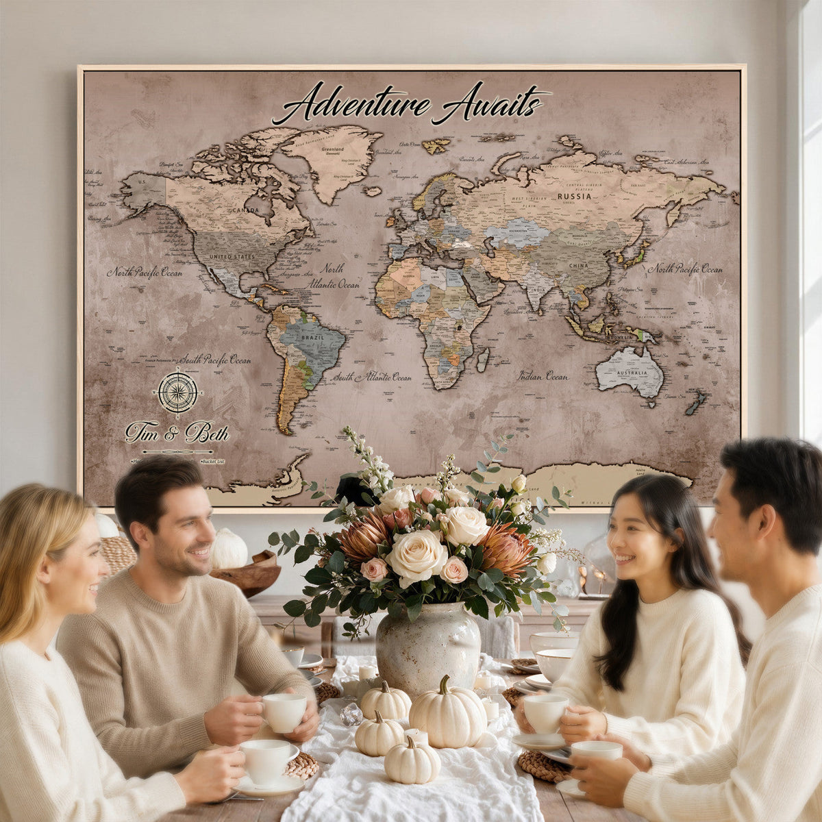 Custom Push Pin World Map Wall Art Canvas Print | Personalized Travel Tracker