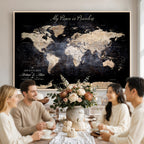 Personalized Beige World Map Canvas with Push Pins, Couples Countries Visited Map, Study and Hallway Decor