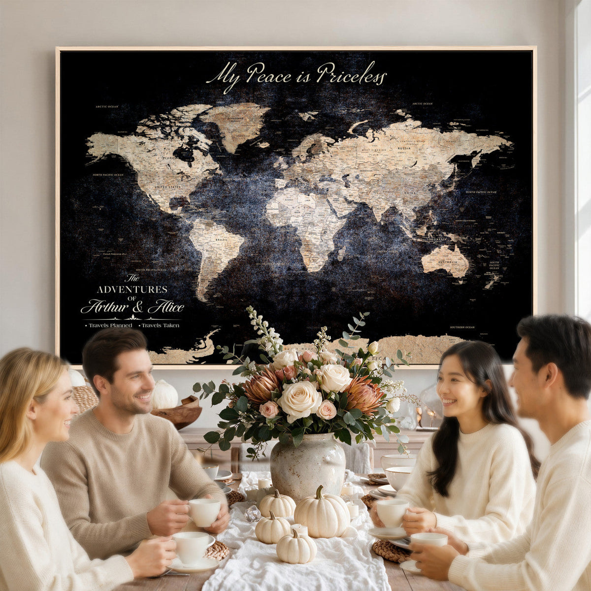 Personalized Beige World Map Canvas with Push Pins, Couples Countries Visited Map, Study and Hallway Decor