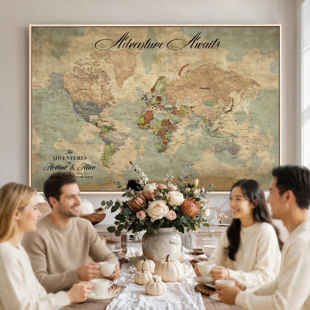 Custom Beige World Travel Map Wall Art with Pins, Bucket List Map, Dining Room and Study Decor