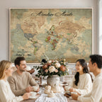 Custom Beige World Travel Map Wall Art with Pins, Bucket List Map, Dining Room and Study Decor