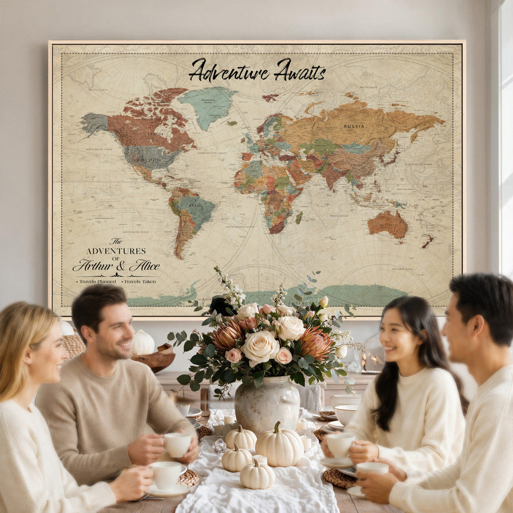 Custom Beige Push Pin World Map Canvas Print, Next Trip Planner Map, Family Room and Study Decor