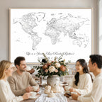 Personalized Framed Beige Modern Push Pin Travel Map Canvas Print, Couples Countries Visited Map, Living Room and Family Room Decor