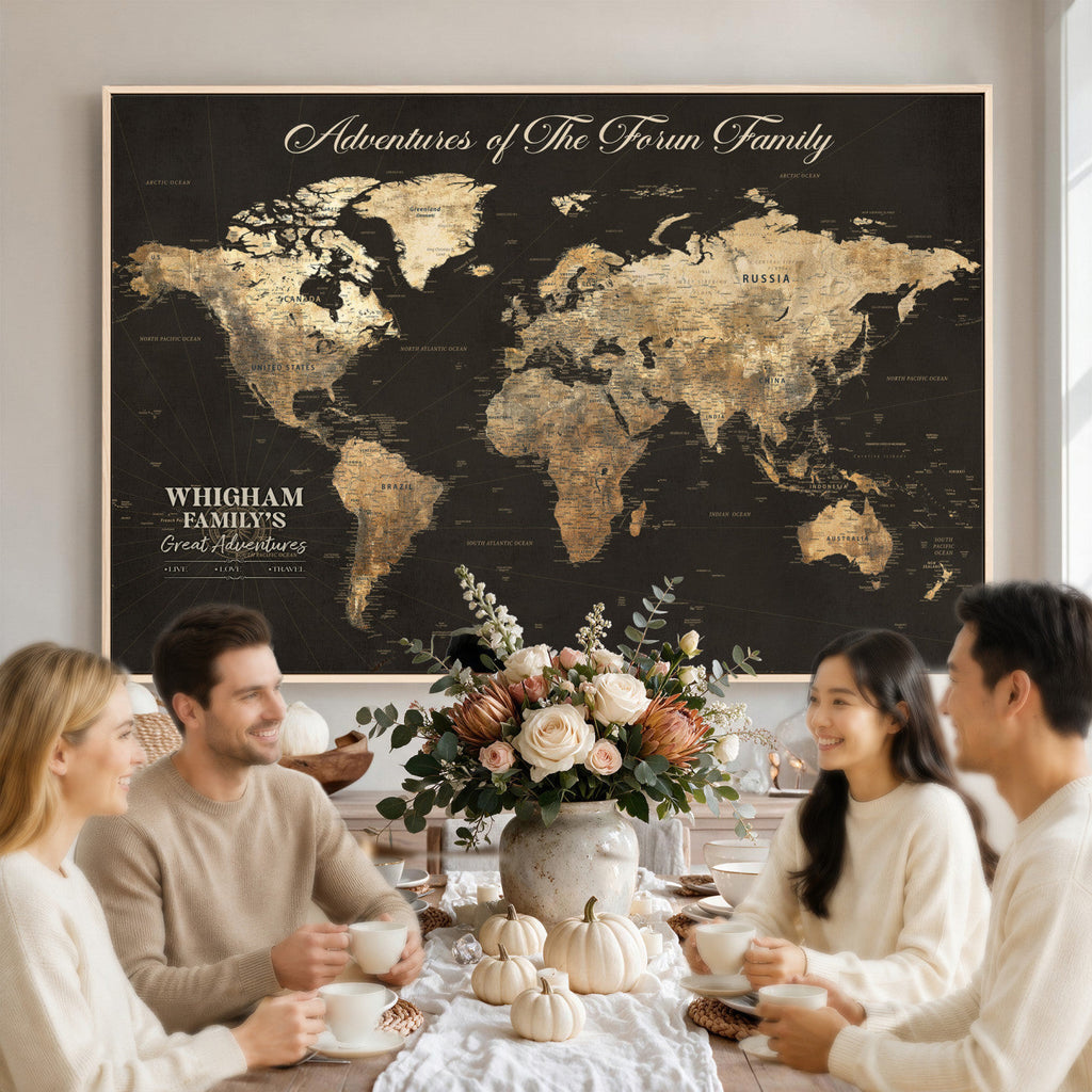 Personalized Framed Beige World Travel Map Wall Art with Pins, Couples Countries Visited Map, Family Room and Dining Room Decor