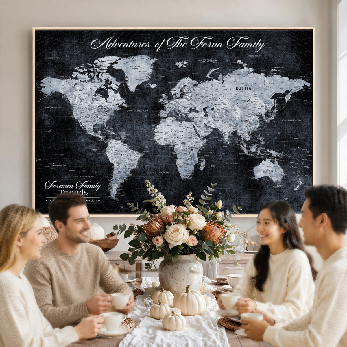 Personalized Framed Beige Modern Push Pin World Map Wall Art, Places Visited Tracker, Family Room and Dining Room Decor
