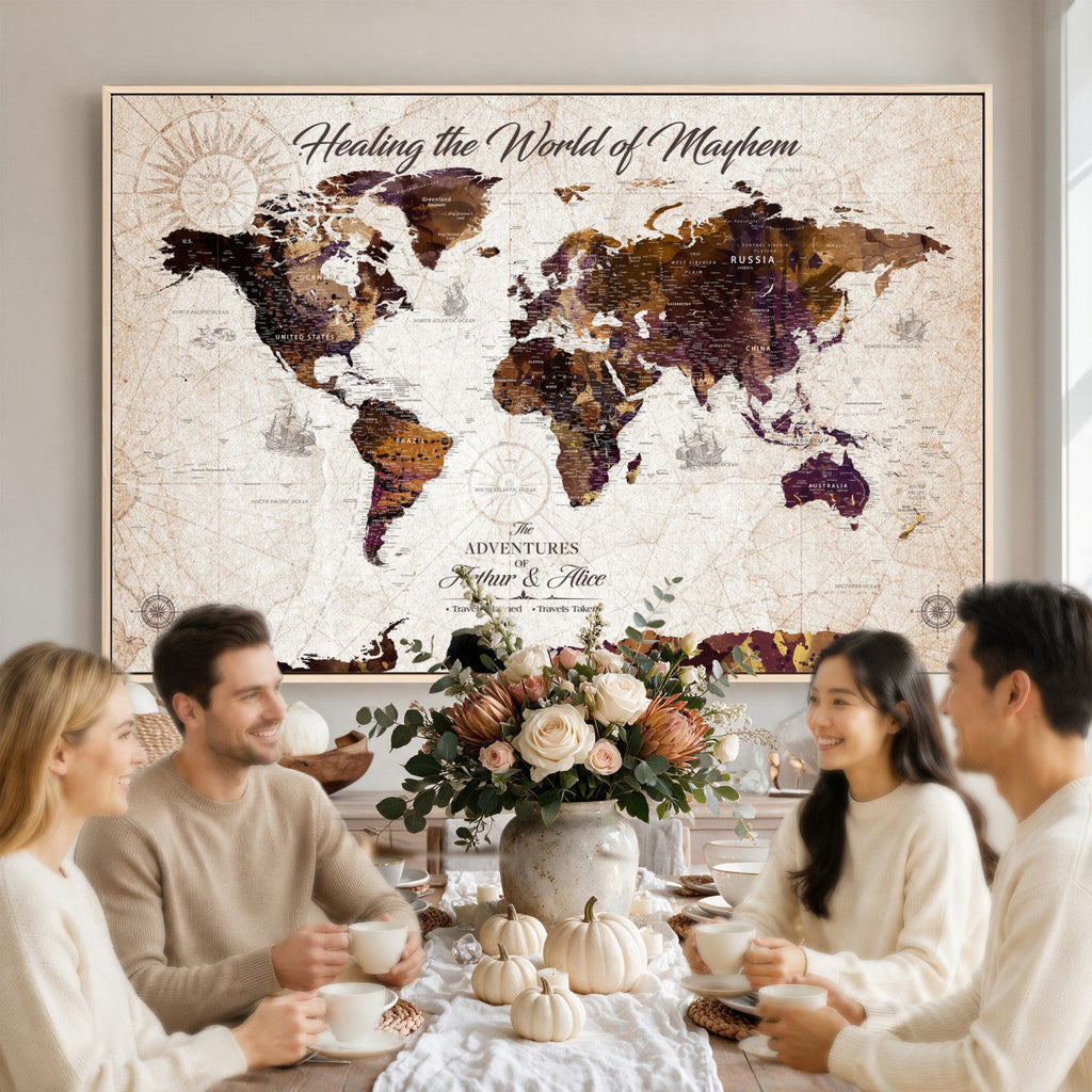 Personalized Framed Navy World Travel Map Wall Art with Pins, Honeymoon and Anniversary Gift, Living Room and Bedroom Decor
