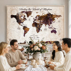 Personalized Framed Navy World Travel Map Wall Art with Pins, Honeymoon and Anniversary Gift, Living Room and Bedroom Decor