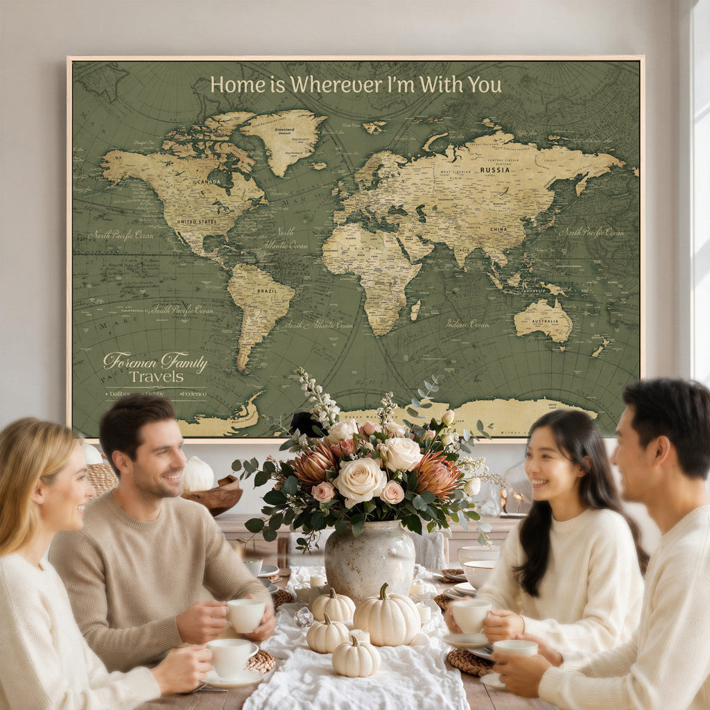 Personalized Framed Beige Geometric Push Pin World Map Canvas Print, Honeymoon and Anniversary Gift, Dining Room and Bedroom Decor