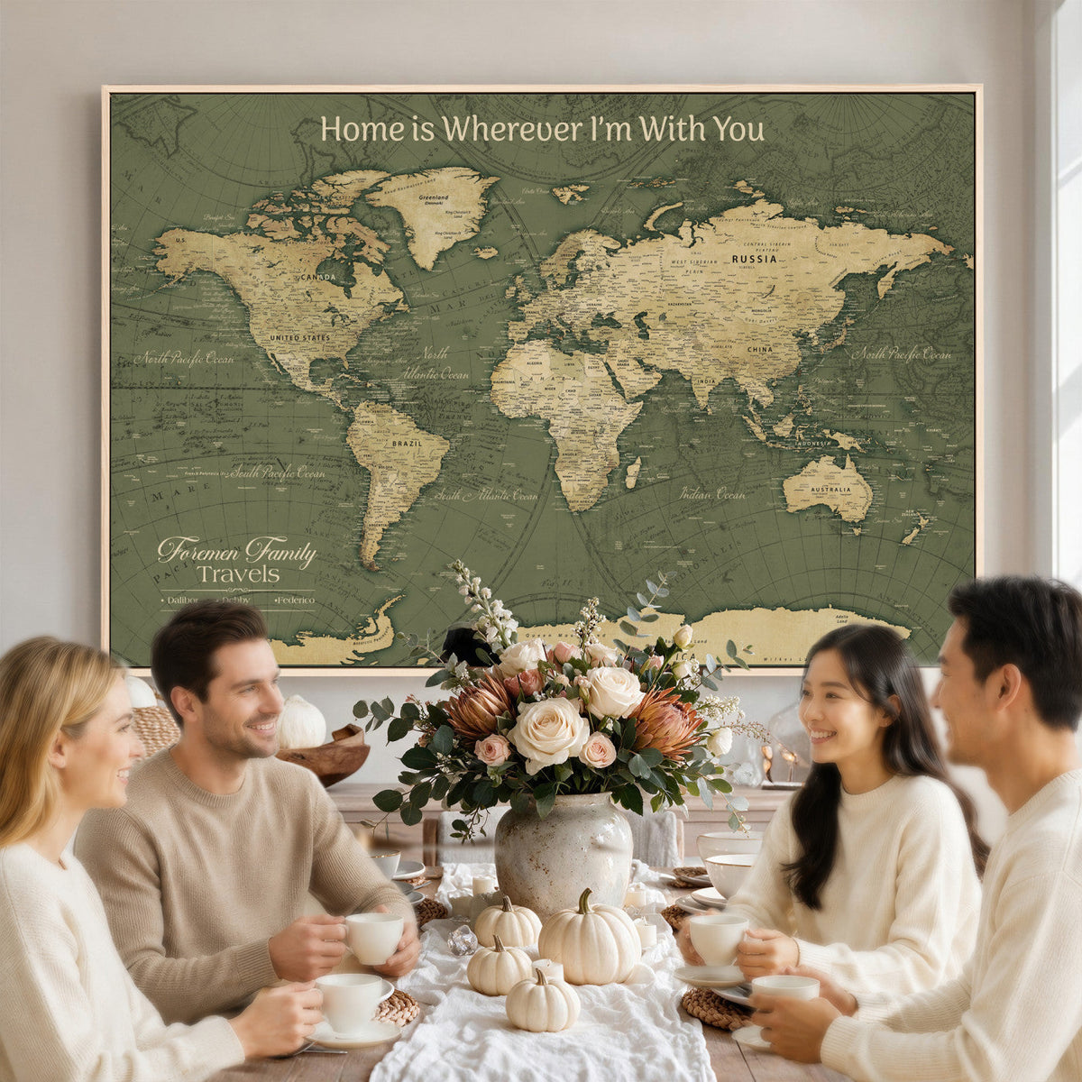 Personalized Framed Beige Geometric Push Pin World Map Canvas Print, Honeymoon and Anniversary Gift, Dining Room and Bedroom Decor