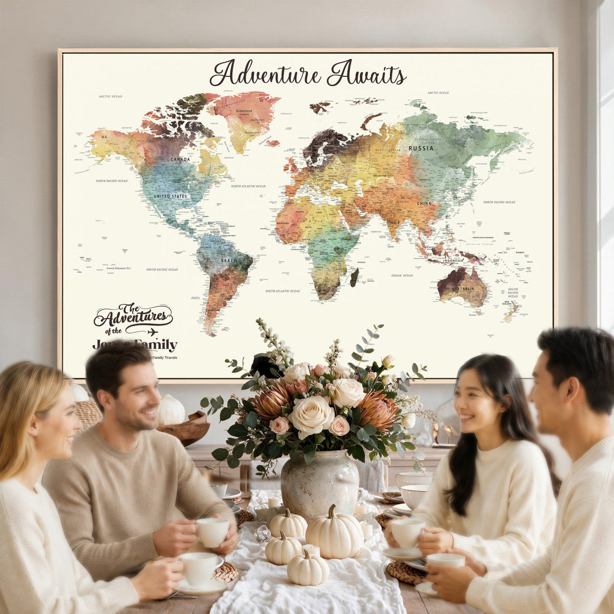 Custom Beige World Map Canvas with Push Pins, Honeymoon and Anniversary Gift, Dining Room and Entryway Decor