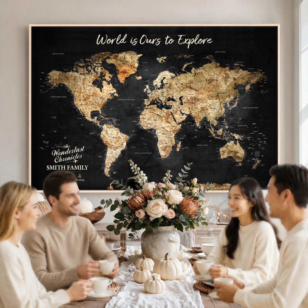 Personalized Framed Black Beige Modern World Travel Map Wall Art with Pins, Bucket List Map, Living Room and Hallway Decor