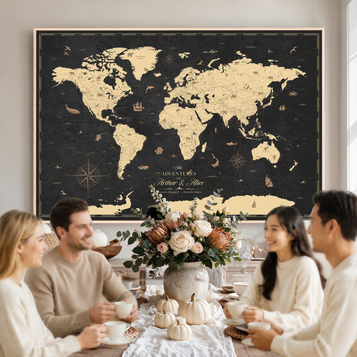 Personalized Beige Push Pin World Map Canvas Print, Places Visited Tracker, Home Office and Study Decor