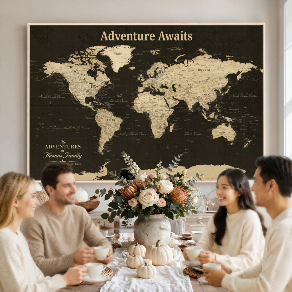 Custom Beige Push Pin World Map Wall Art, Next Trip Planner Map, Living Room and Home Office Decor