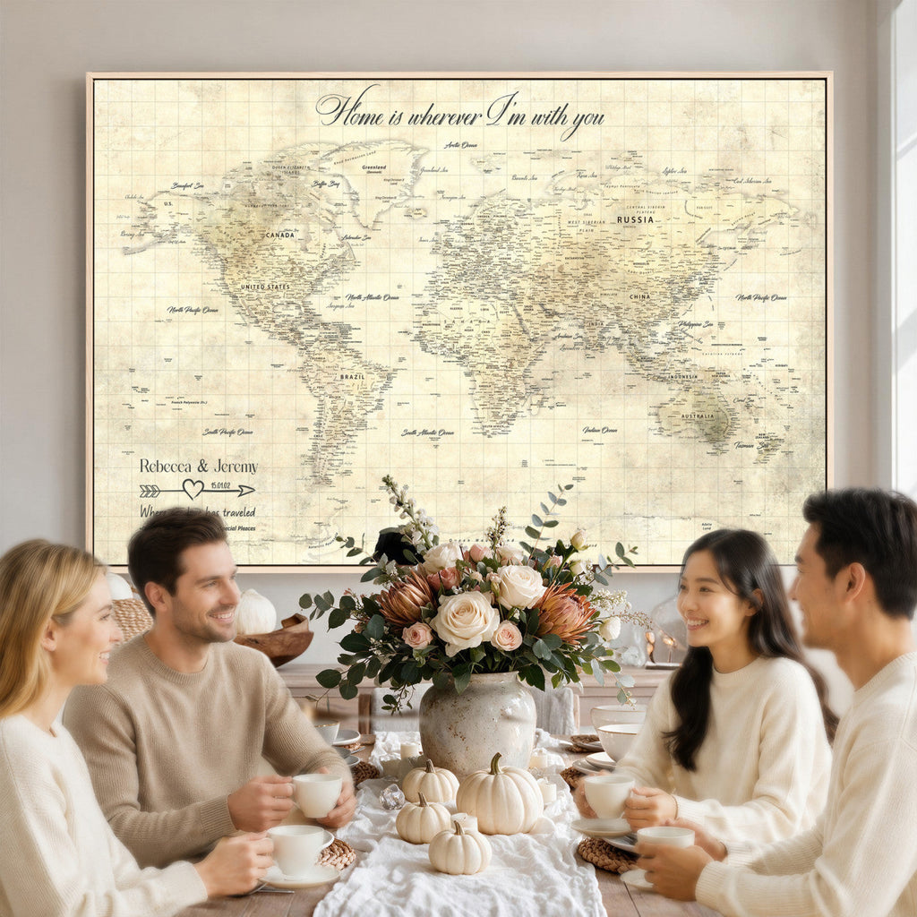Personalized Beige Modern Push Pin World Map Wall Art, Honeymoon and Anniversary Gift, Bedroom and Study Decor