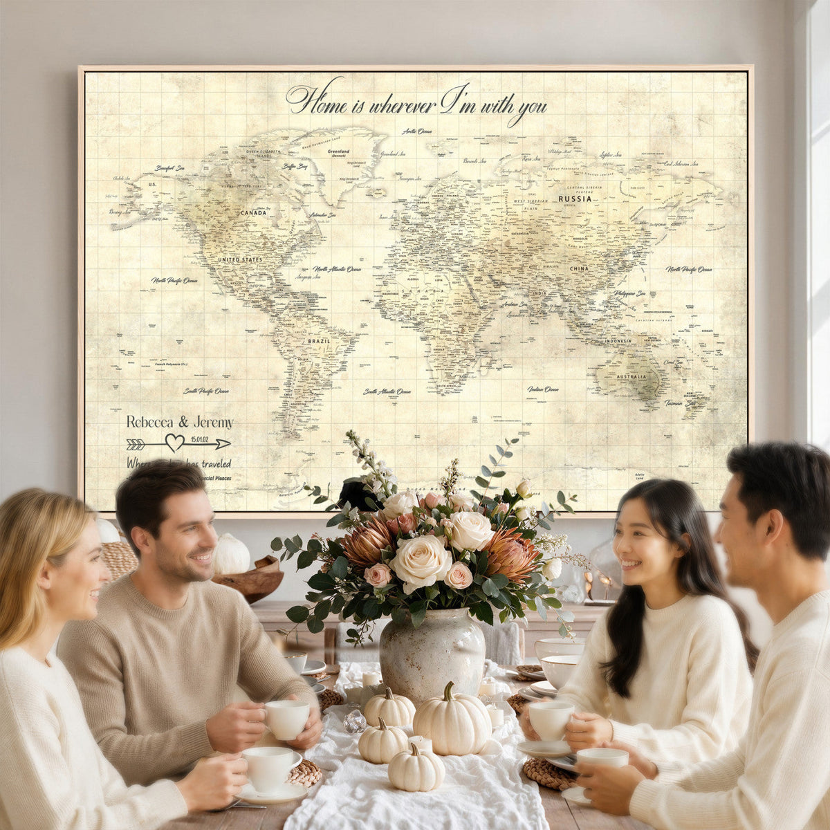 Personalized Beige Modern Push Pin World Map Wall Art, Honeymoon and Anniversary Gift, Bedroom and Study Decor