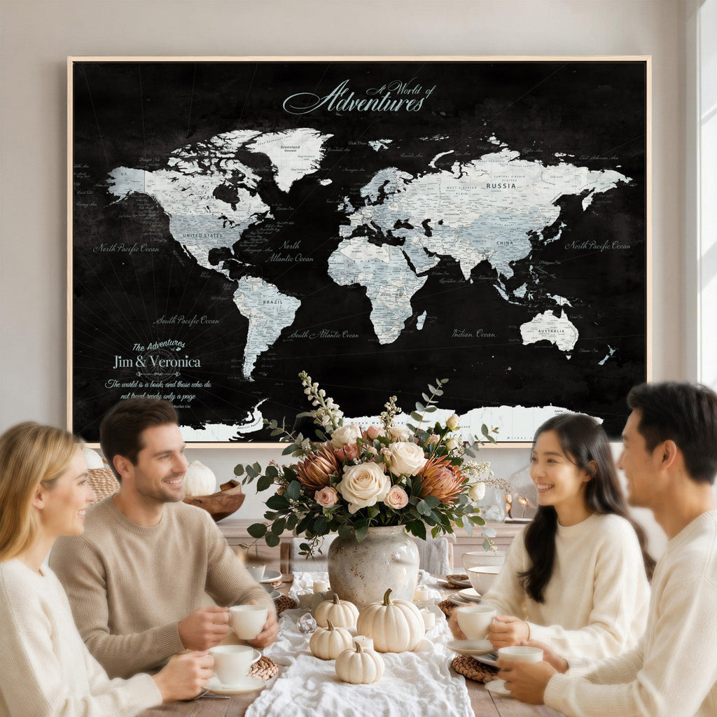 Custom Beige World Travel Map Wall Art with Pins, Places Visited Tracker, Bedroom and Home Office Decor