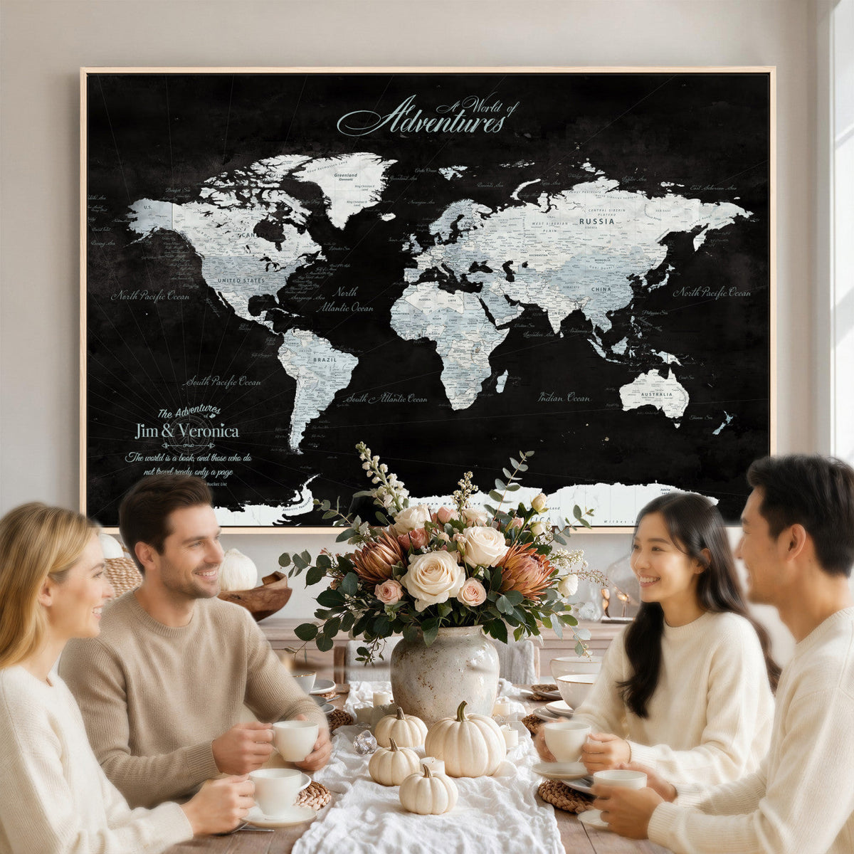 Custom Beige World Travel Map Wall Art with Pins, Places Visited Tracker, Bedroom and Home Office Decor
