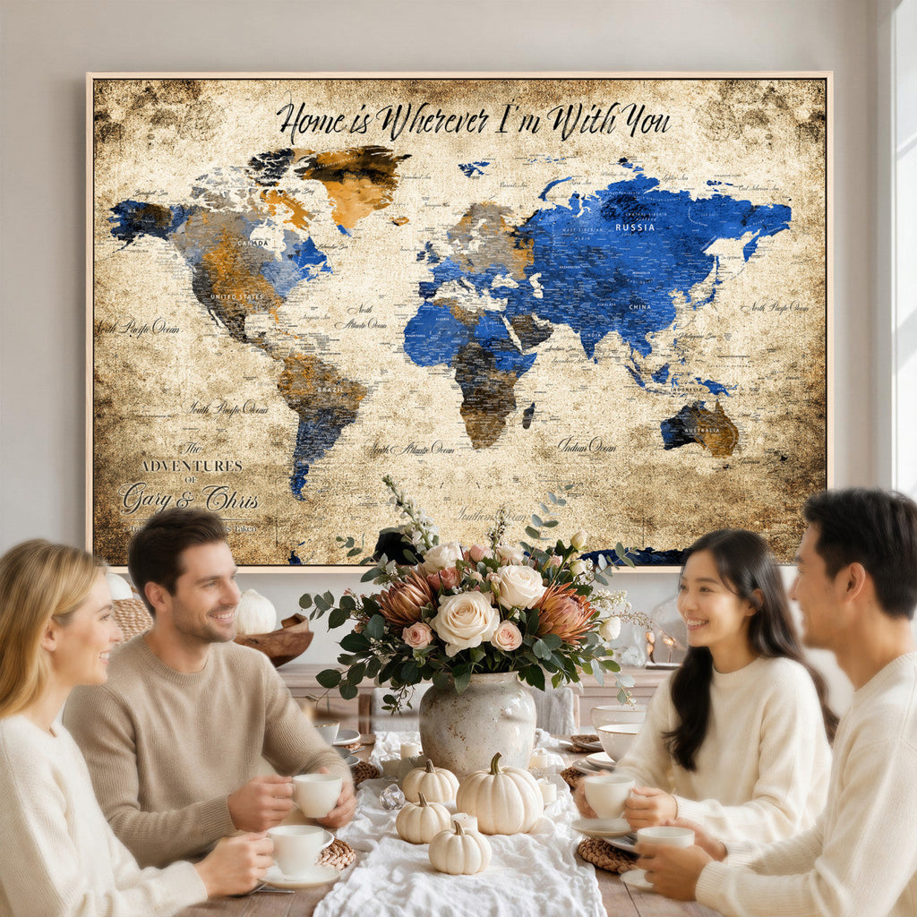Personalized Framed Beige World Map Canvas with Push Pins, Honeymoon and Anniversary Gift, Living Room and Home Office Decor