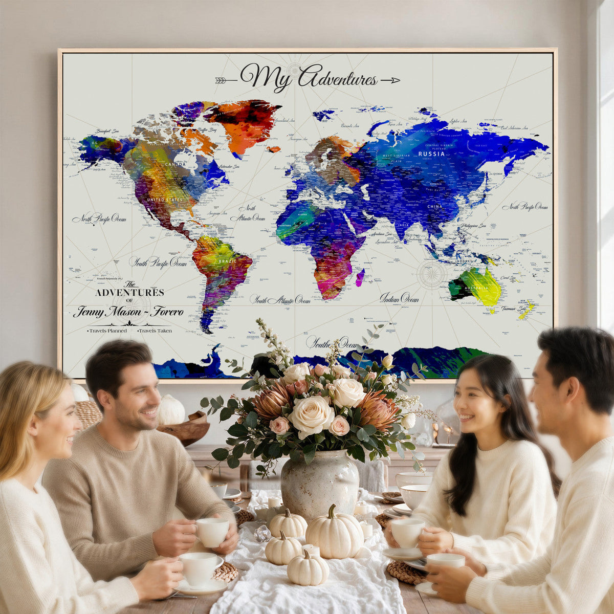 Detailed Custom Framed Beige Modern World Map Canvas with Push Pins, Honeymoon and Anniversary Gift, Dining Room and Home Office Decor