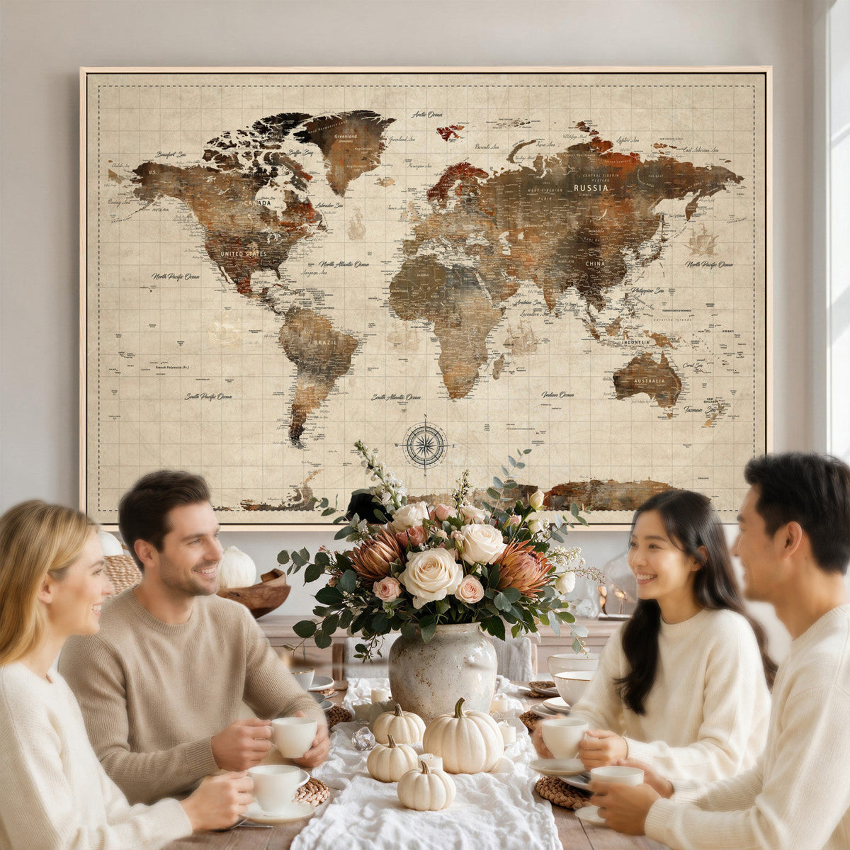 Vintage World Map Wall Art Canvas Print for Living Room, Office and Study