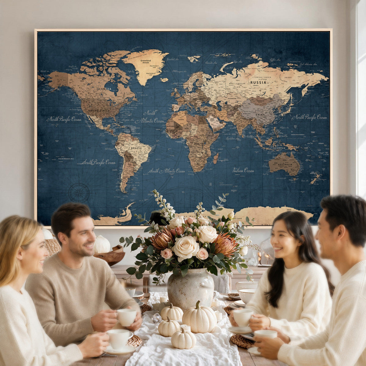 Navy Blue World Map Canvas Print | Framed Travel Map Wall Art