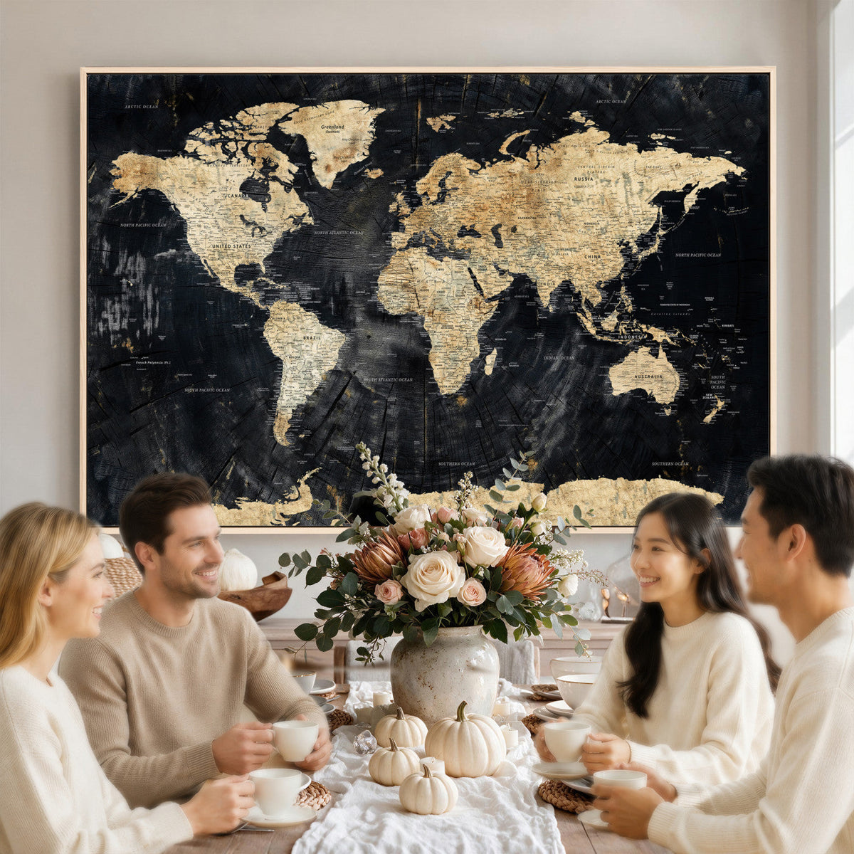 Framed Large World Map Wall Art Canvas Print for Living Room