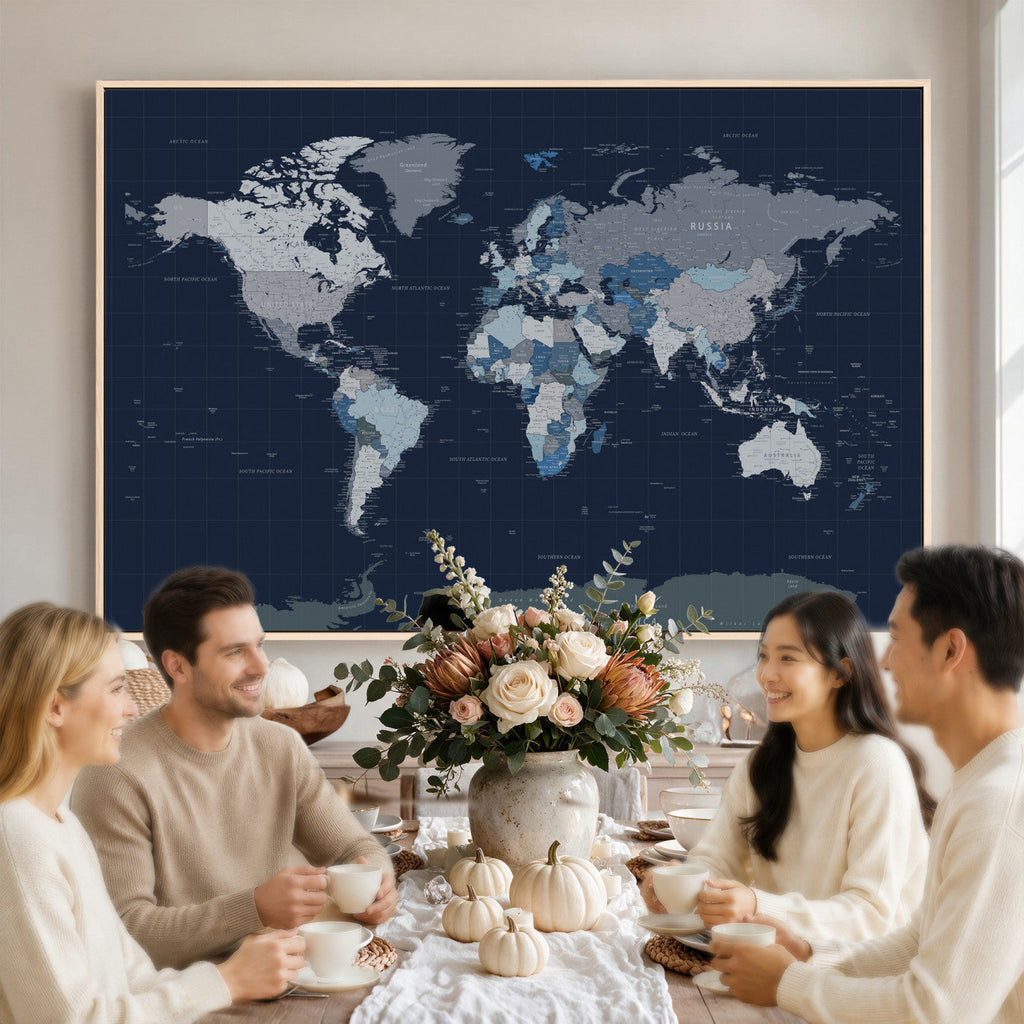 Blue Detailed World Map Wall Art Canvas Print | Modern Framed Map