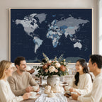 Blue Detailed World Map Wall Art Canvas Print | Modern Framed Map
