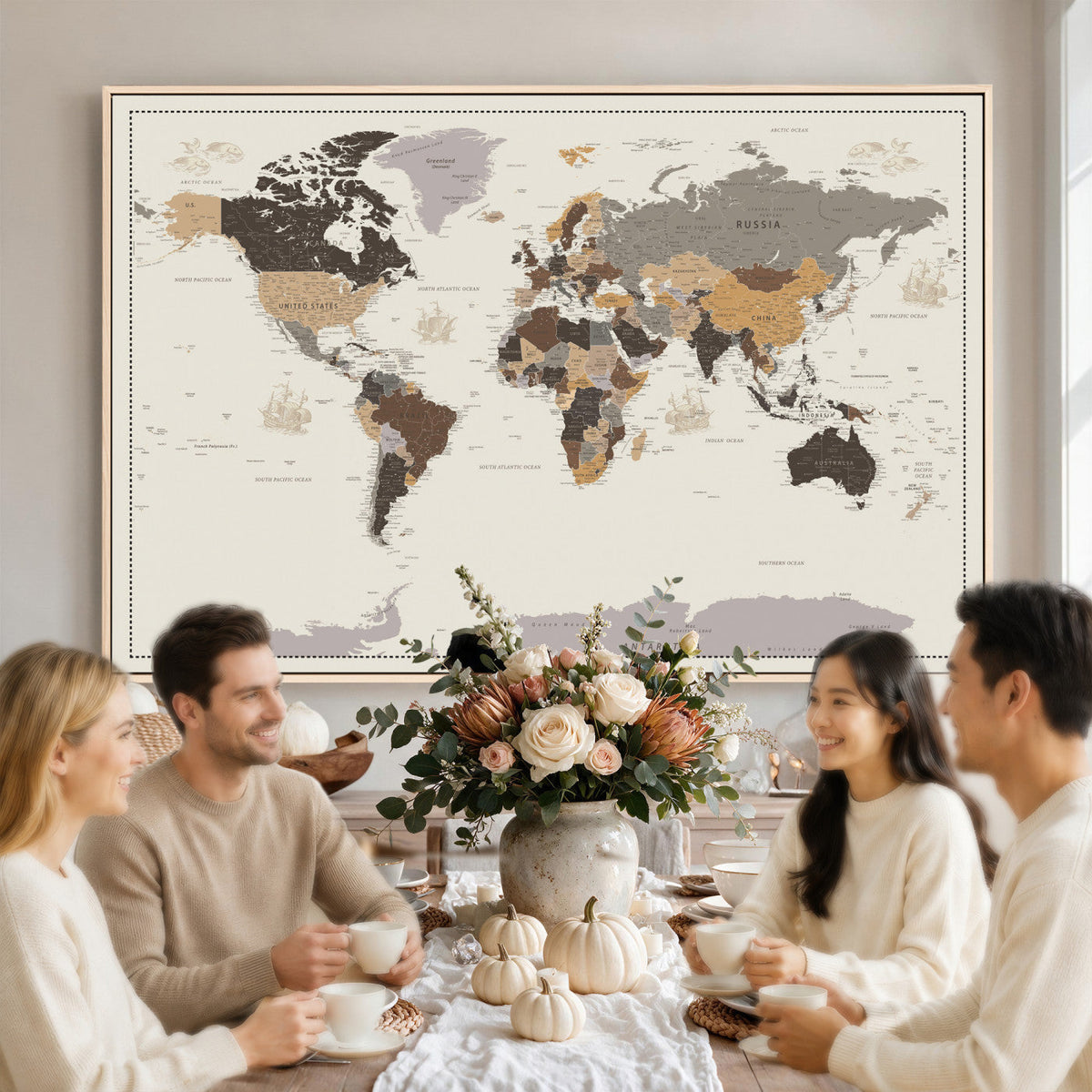 Custom Beige Modern Push Pin World Map Canvas Print, Places Visited Tracker, Bedroom and Study Decor